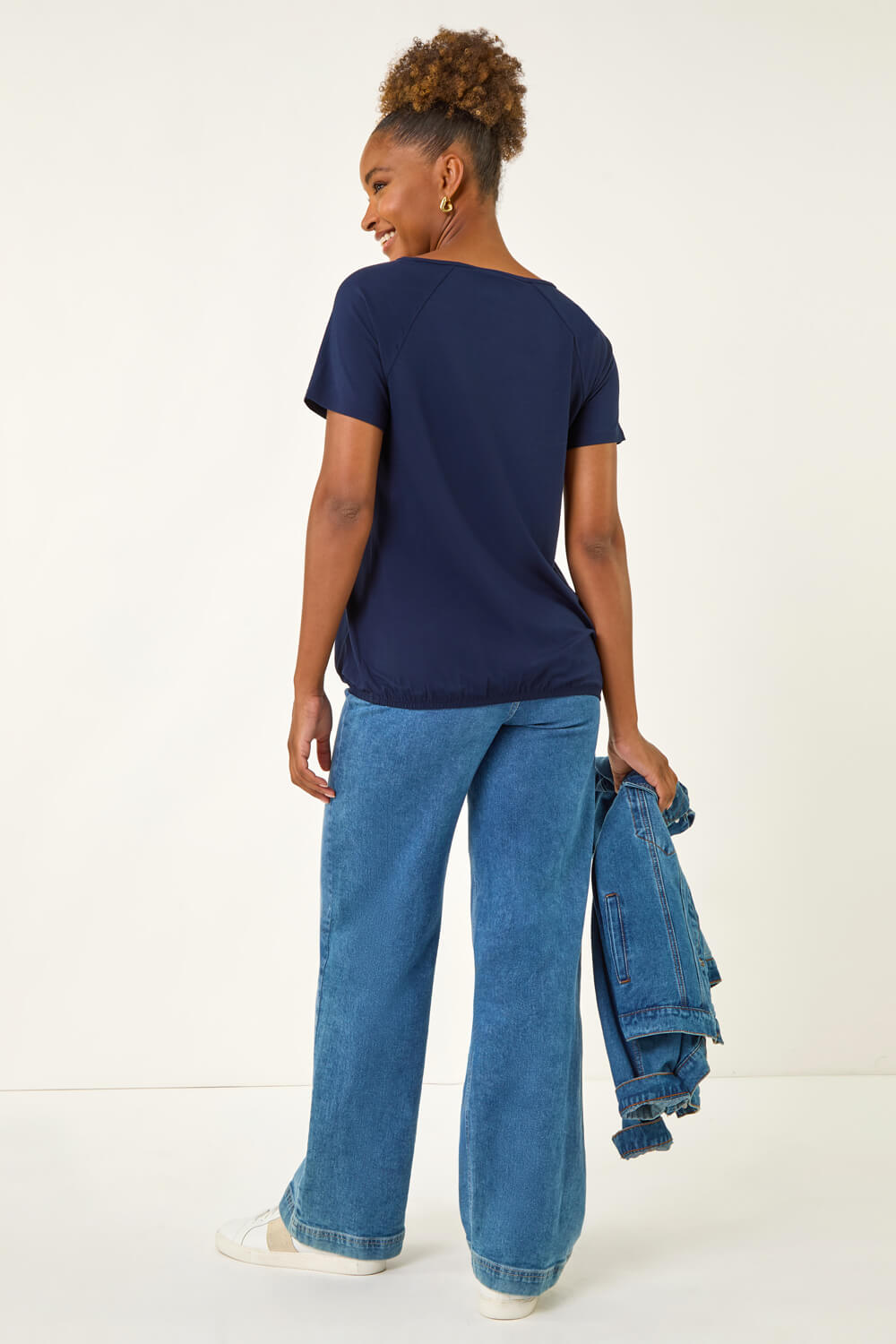 Navy Crochet Neck Stretch T-Shirt, Image 4 of 5