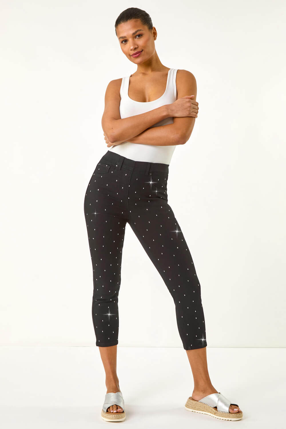 Black Embellished Cropped Stretch Jeggings, Image 3 of 5