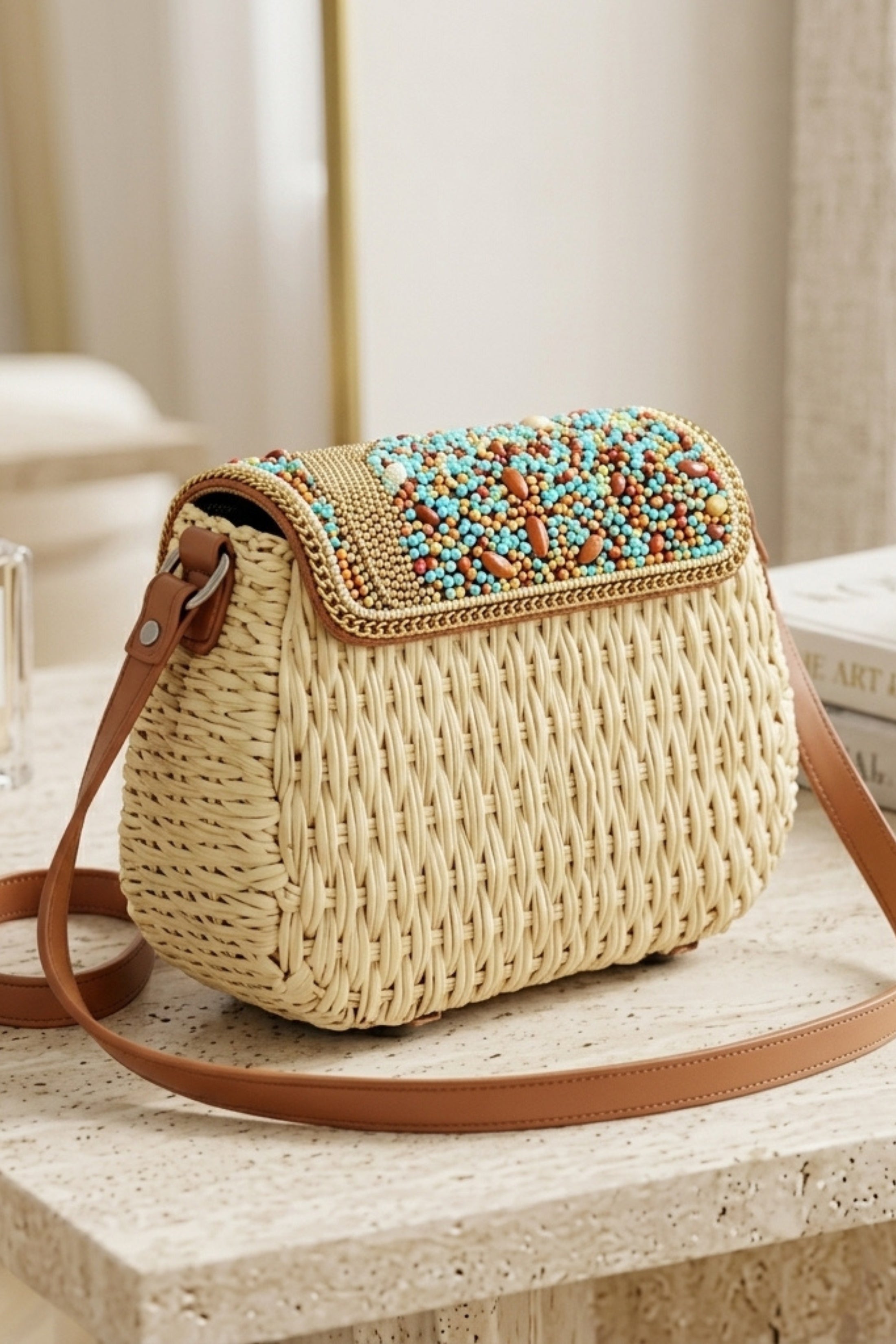 Beige Woven Beaded Flap Crossbody Bag - Wyaba, Image 3 of 3