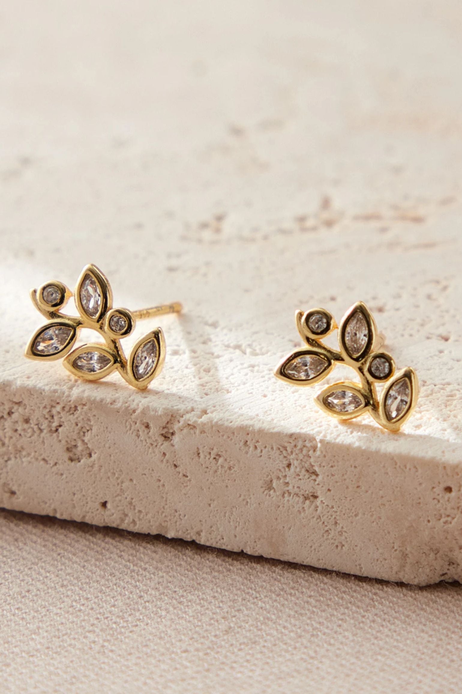 Gold Sterling Silver Crystal Leaf Studs, Image 1 of 2