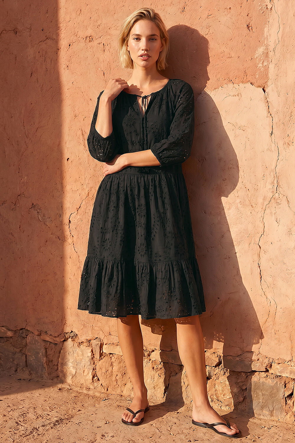 Black Cotton Broderie Tiered Smock Dress, Image 3 of 4