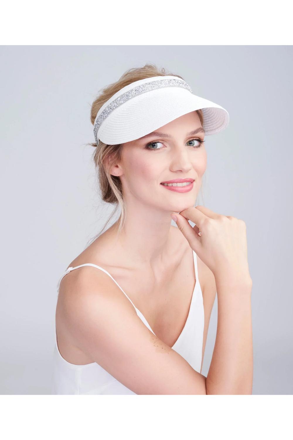 White Topaz - Woven Straw Beaded Visor - White, Image 1 of 1
