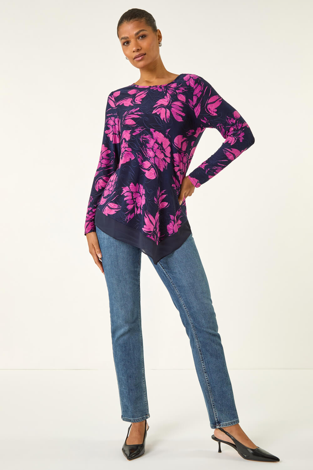 PINK Floral Jacquard Chiffon Hem Top, Image 3 of 5