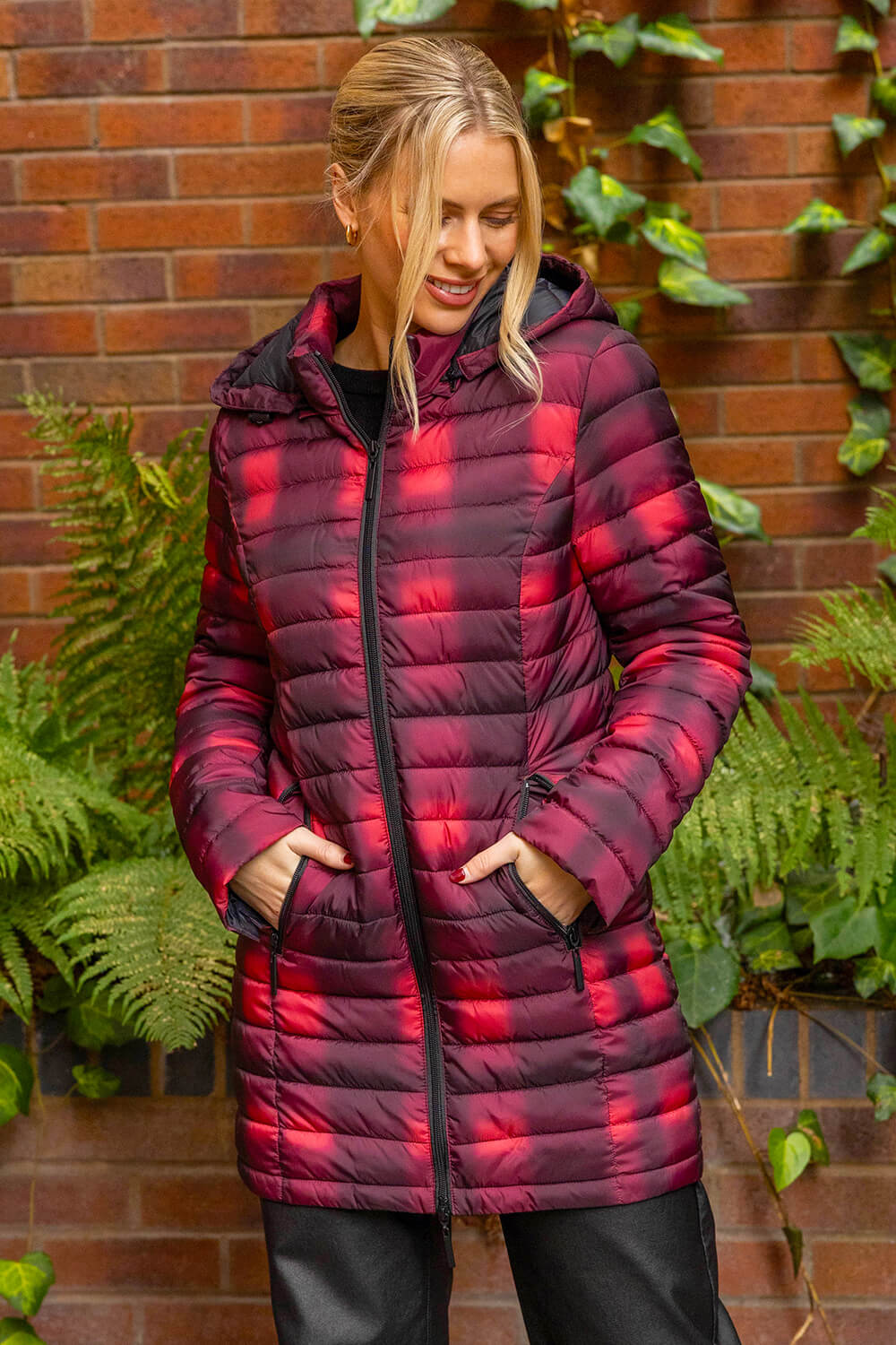 Burgundy Check Print Quilted Puffer Coat, Image 3 of 3
