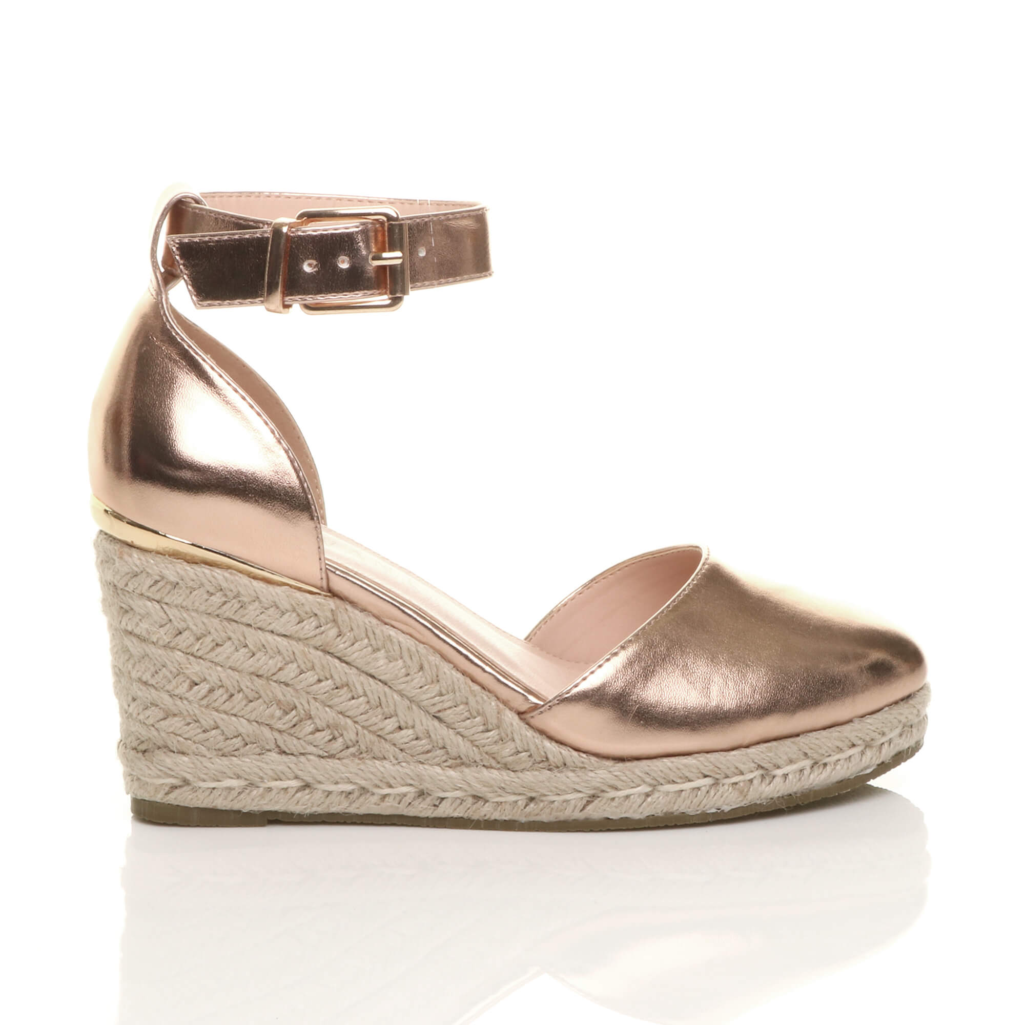 Rose Gold Mid Wedge Heel Ankle Strap Espadrille Sandals, Image 2 of 6