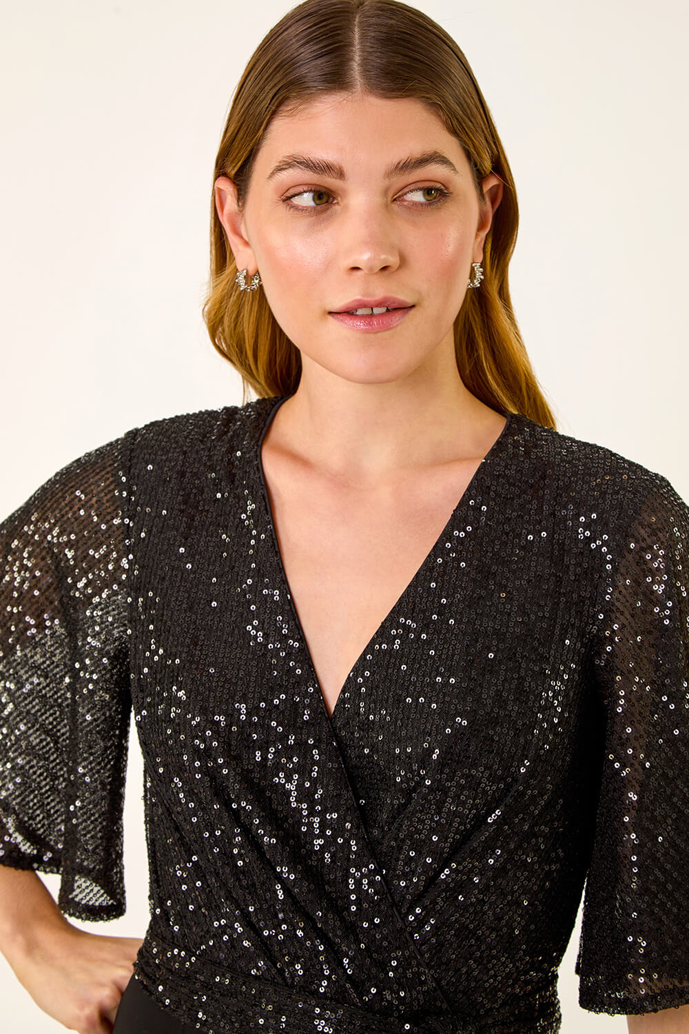 Black Sequin Flutter Sleeve Stretch Jumpsuit, Image 5 of 5