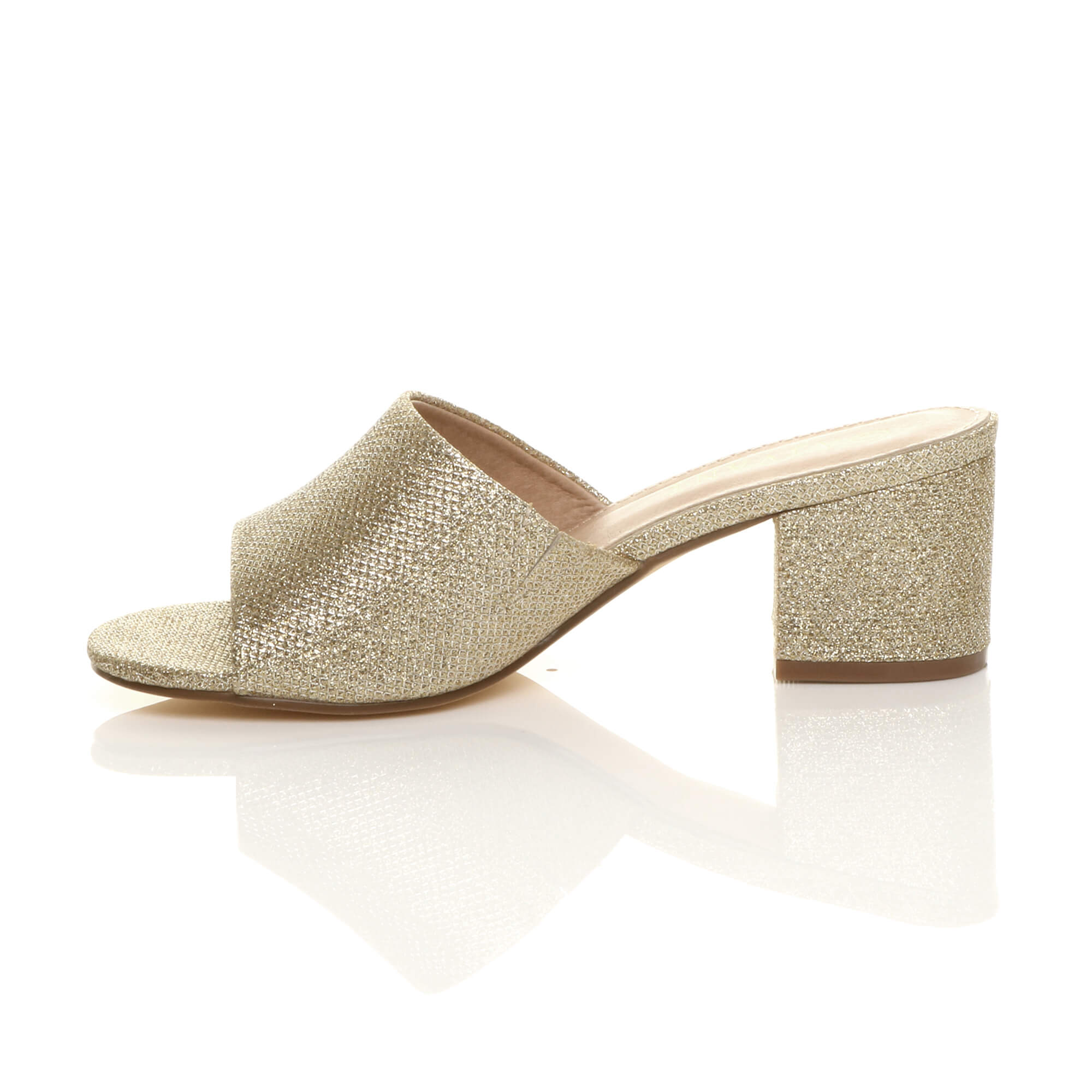 Gold AJVANI Gold Mid Block Heel Peep Toe Mules Sandals, Image 3 of 6