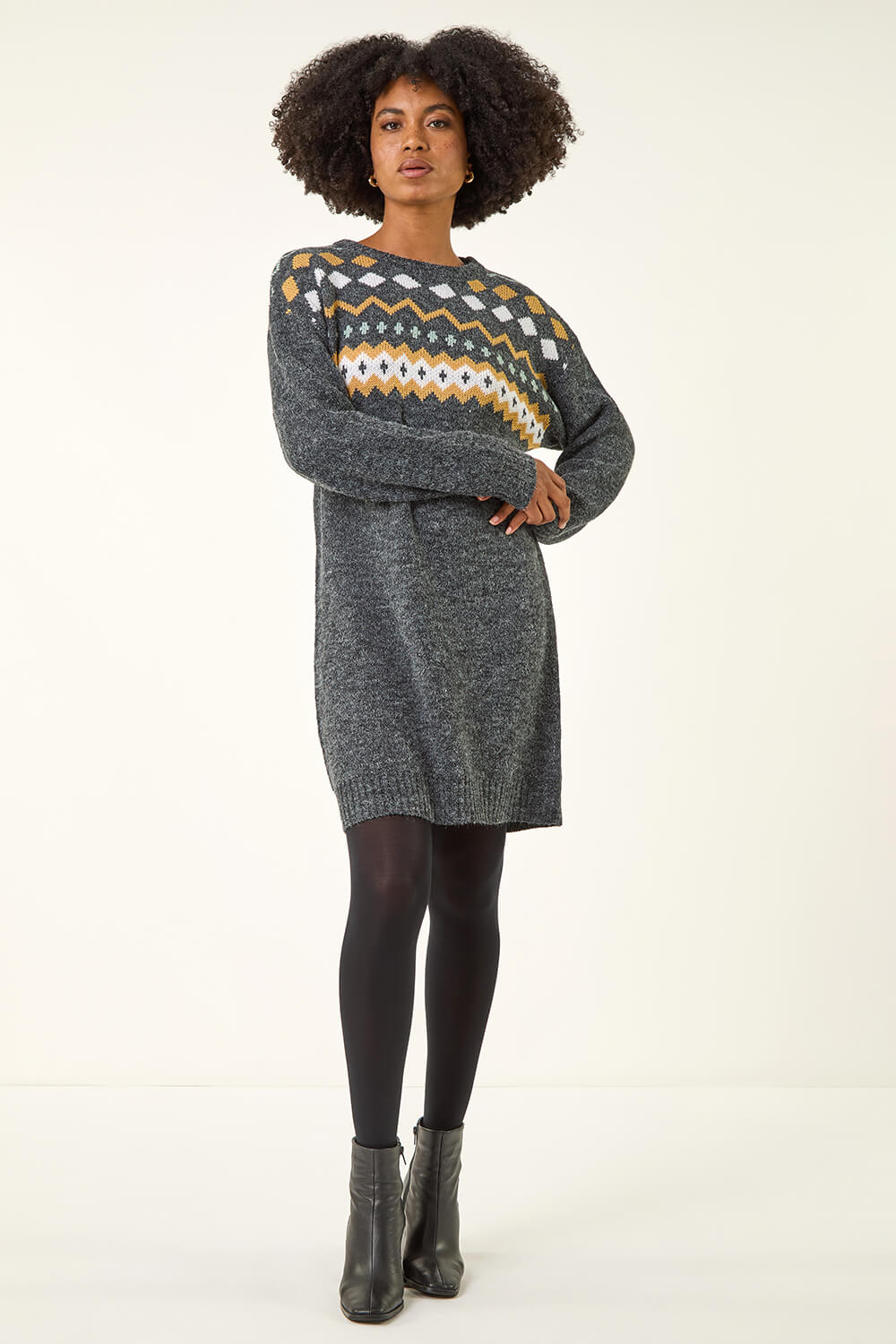 Dark Grey Nordic Print Knitted Jumper Dress, Image 3 of 7
