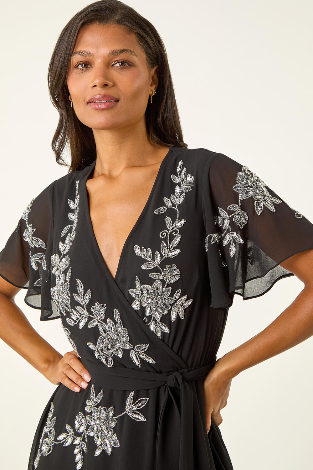 Black Premium Embellished Wrap Midi Dress, Image 5 of 5