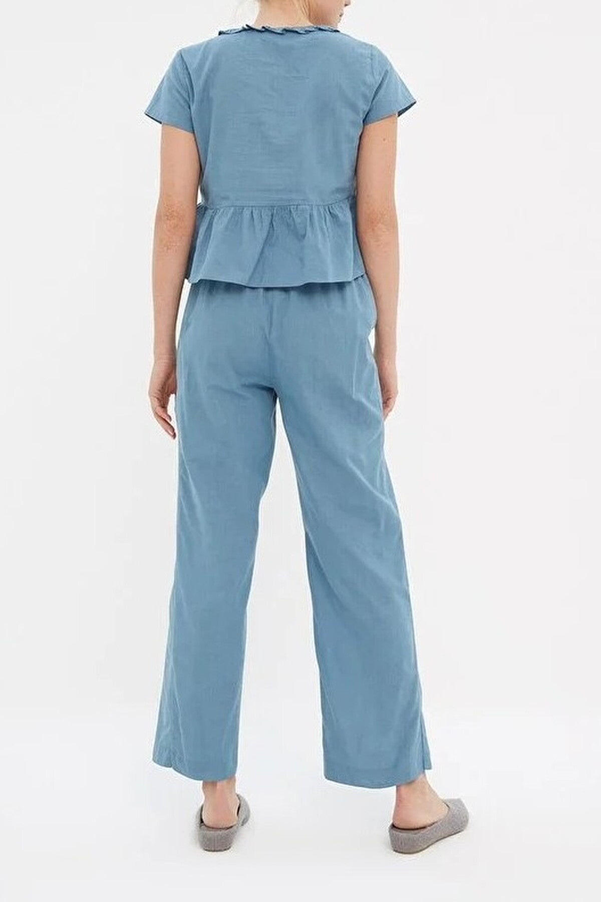 Blue Button Detail Peplum Short Sleeve Pyjama Trouser Set, Image 4 of 4