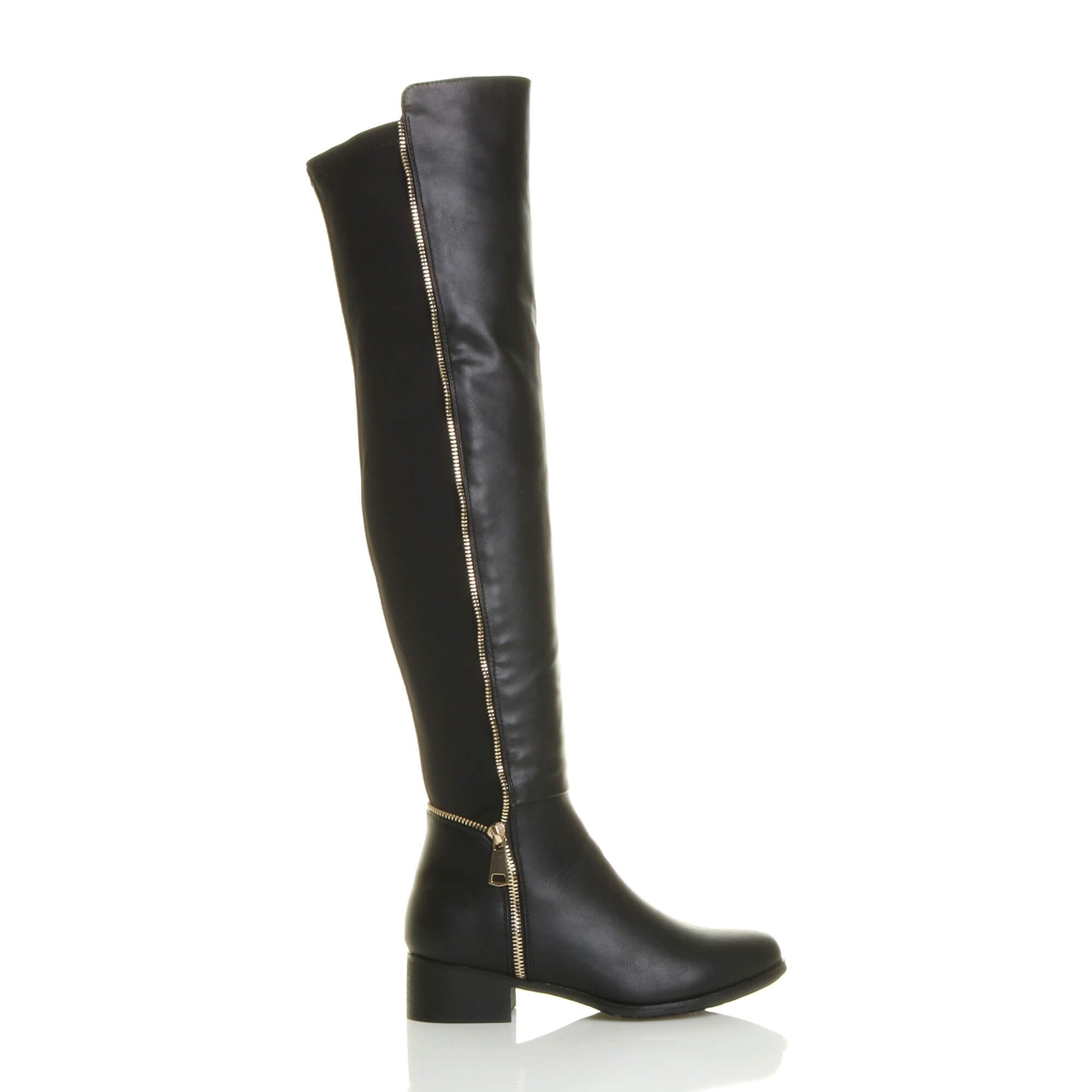 Black AJVANI Black Elastic Gold Zip Over The Knee Boots, Image 2 of 6