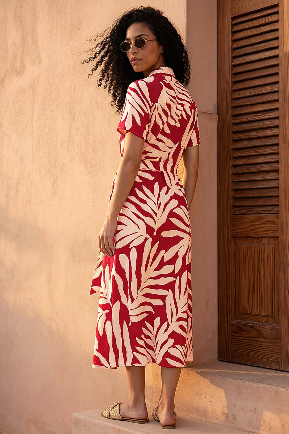 Red Leaf Print Belted Midi Shirt Dress, Image 4 of 4