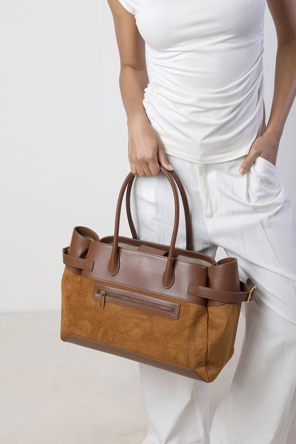 Brown Lyanna Buckled Tote Bag with Side Zip, Image 2 of 6