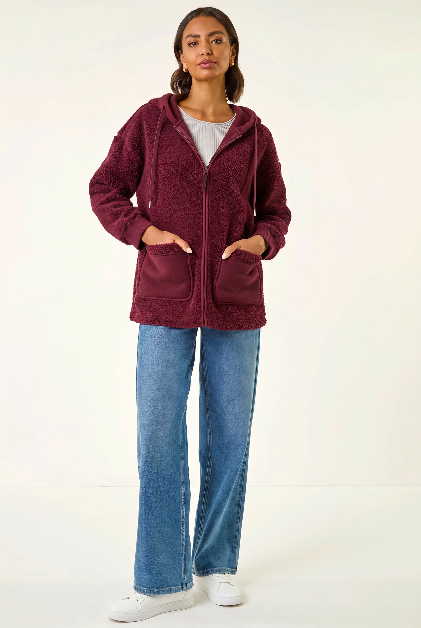 Burgundy Hooded Borg Zip Through Jacket, Image 3 of 5