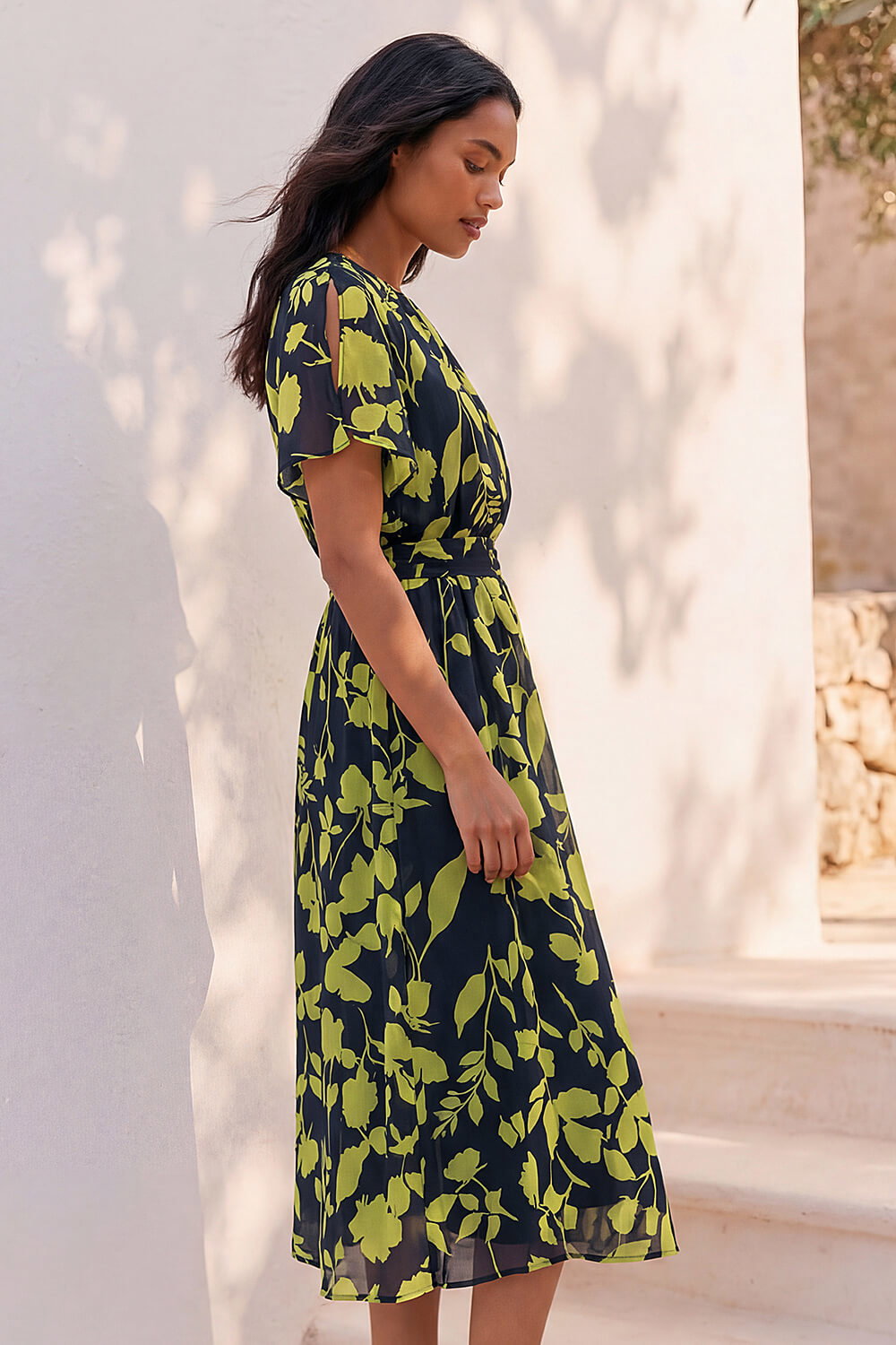 Navy Floral Split Sleeve Midi Dress | Roman UK