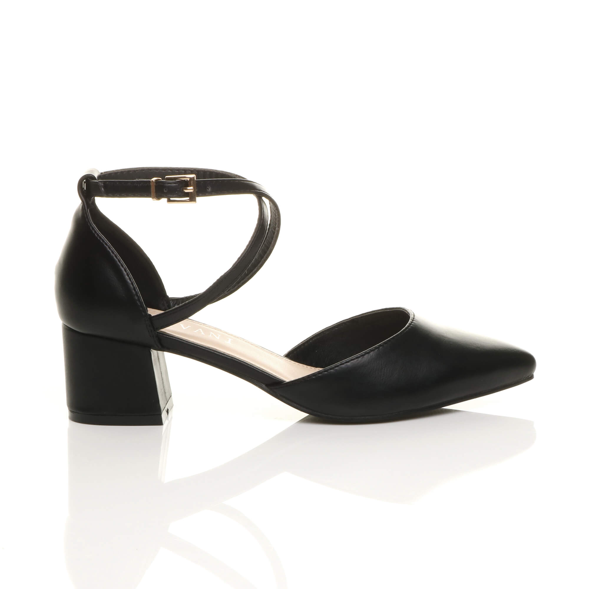 Black AJVANI Black Mid Block Heel Crossed Strap Pointed Toe 2 Part Heels, Image 2 of 6