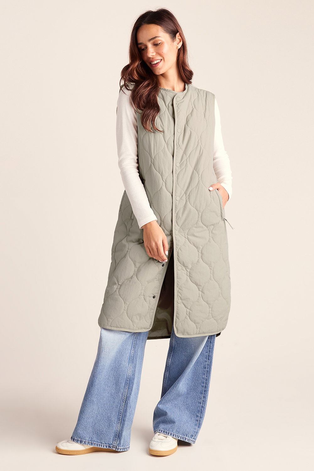 Beige Jena Relaxed Fit Long Insulated Gilet, Image 1 of 6