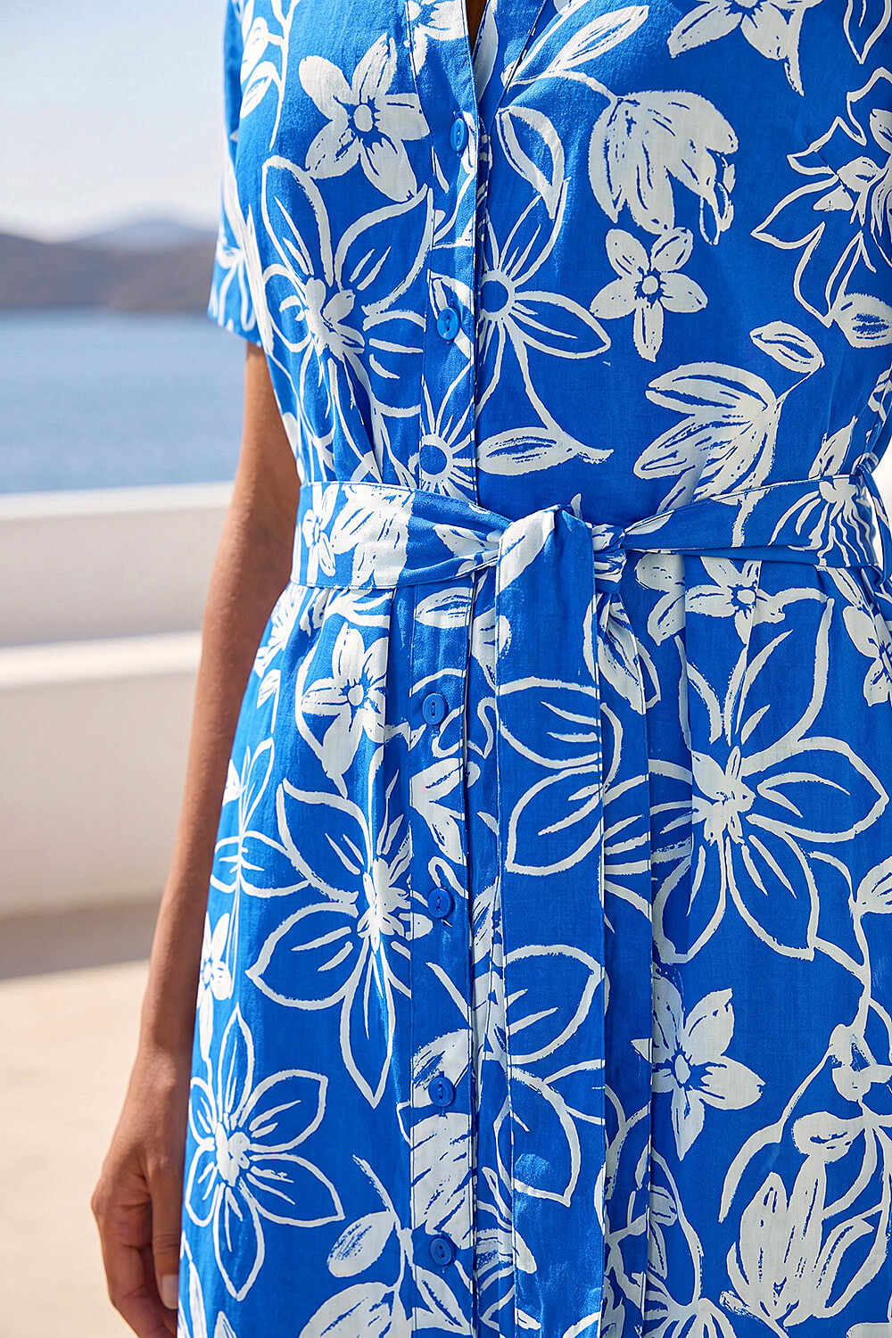 Royal Blue Floral Print Tie Waist Midi Dress, Image 5 of 4