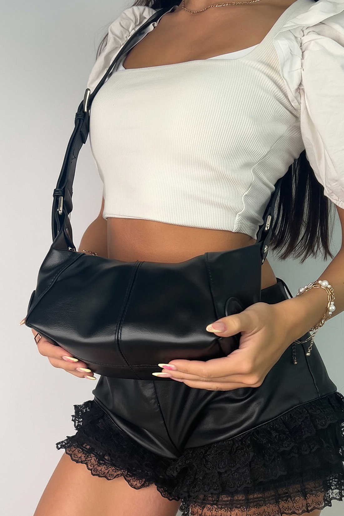 Black Shoulder Bag With Buckle Strap And Zips, Image 2 of 4