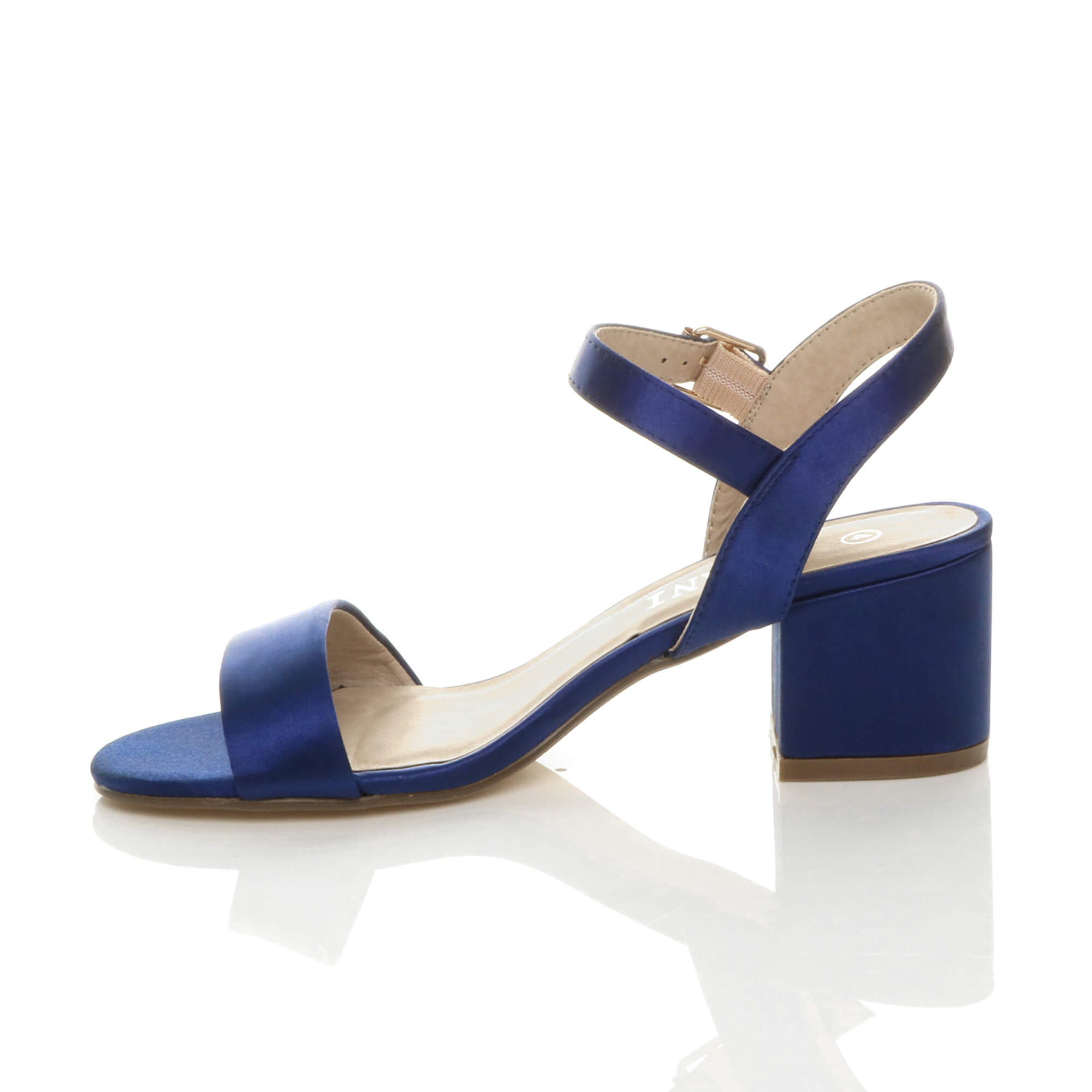 Navy Blue Mid Block Heel Buckle Strappy Sandals, Image 3 of 6