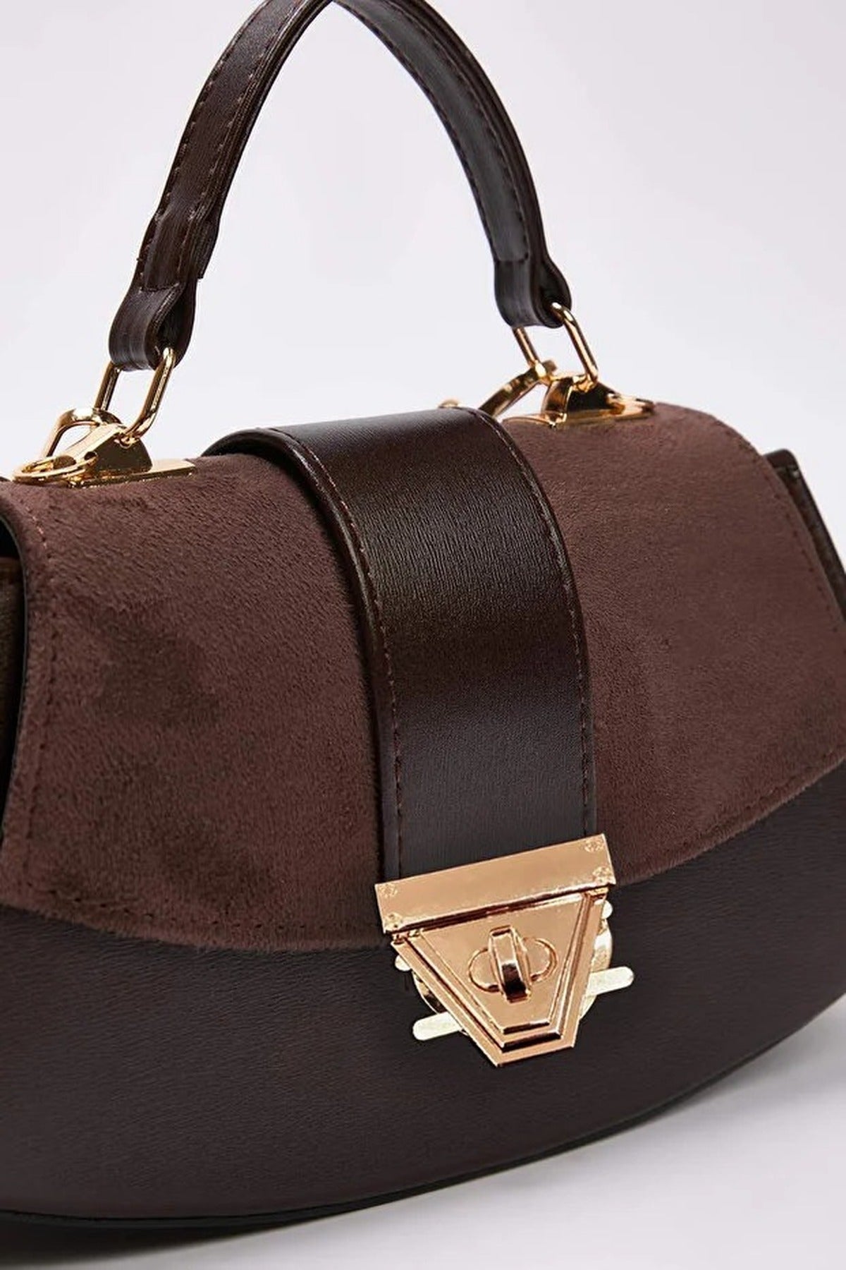 Dark Brown Women's Faux Suede Panel Mini Grab Bag with Push Lock Closure, Image 3 of 3