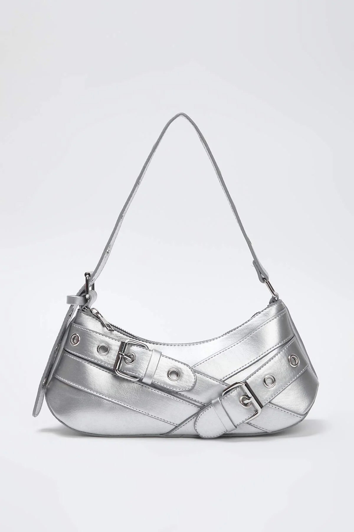 Silver Baguette Shoulder Bag With Belt-Buckle Hardware, Image 1 of 3