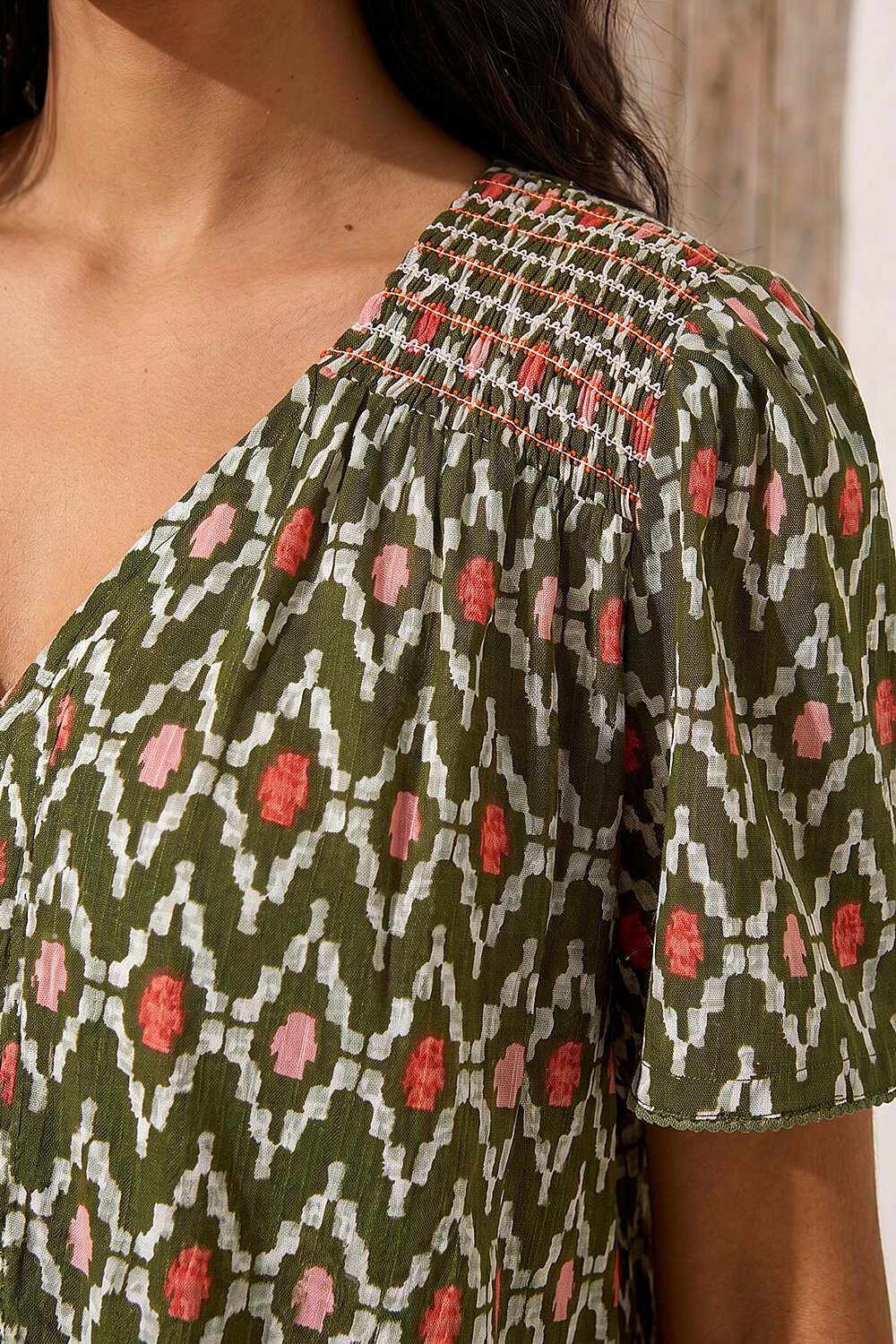Khaki Printed Shirred Shoulder Blouse, Image 5 of 4