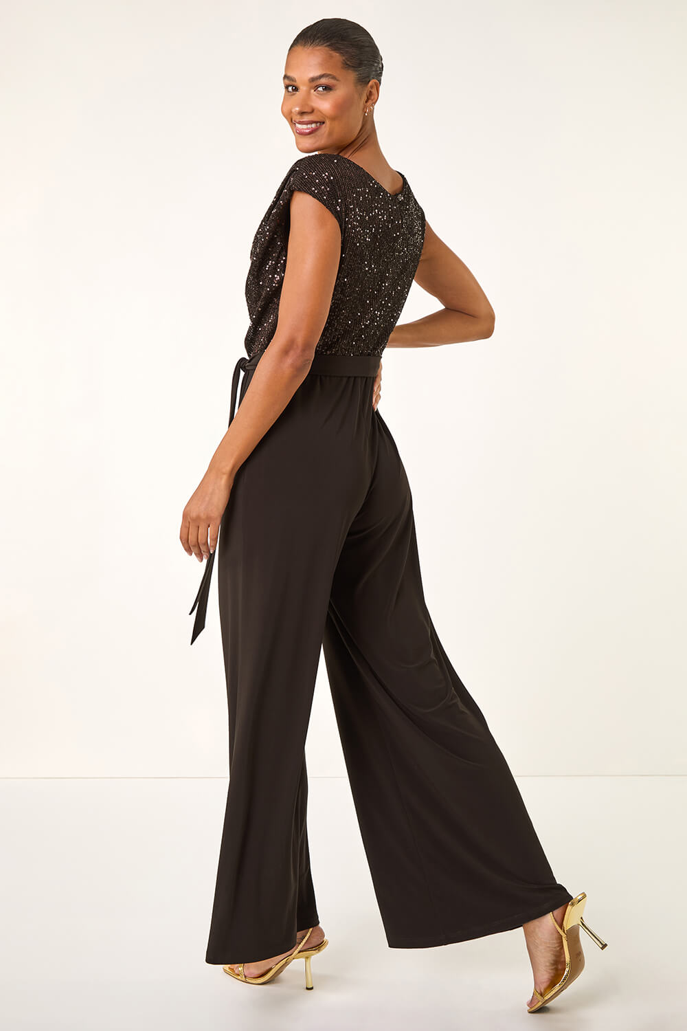 Chocolate Sequin Bodice Cowl Neck Jumpsuit, Image 5 of 7