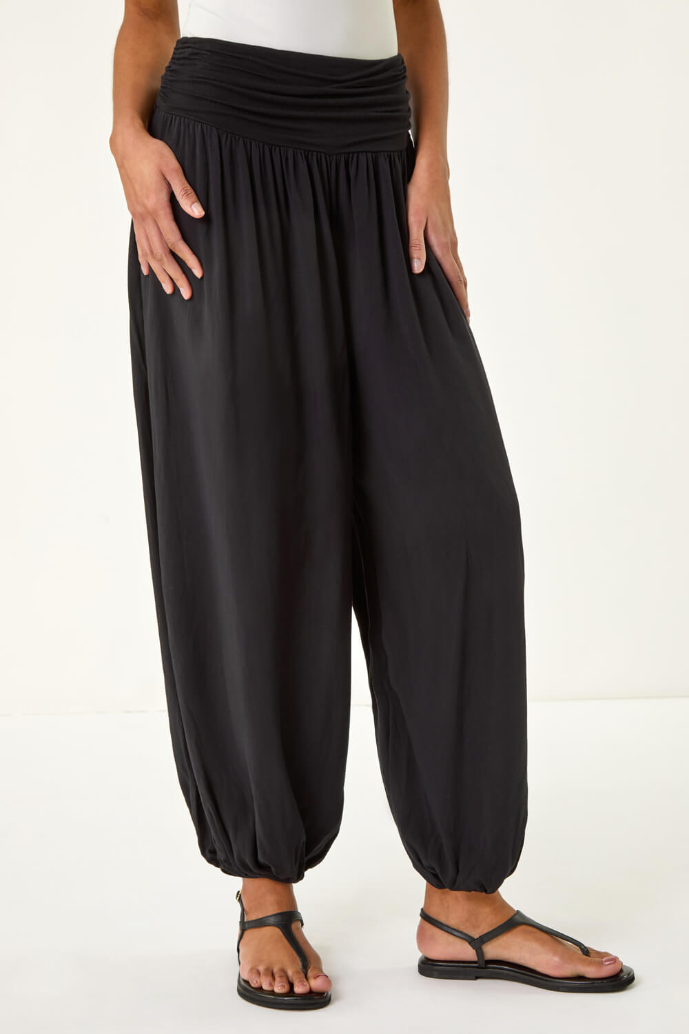 Black Ruched Waist Harem Trousers, Image 5 of 5