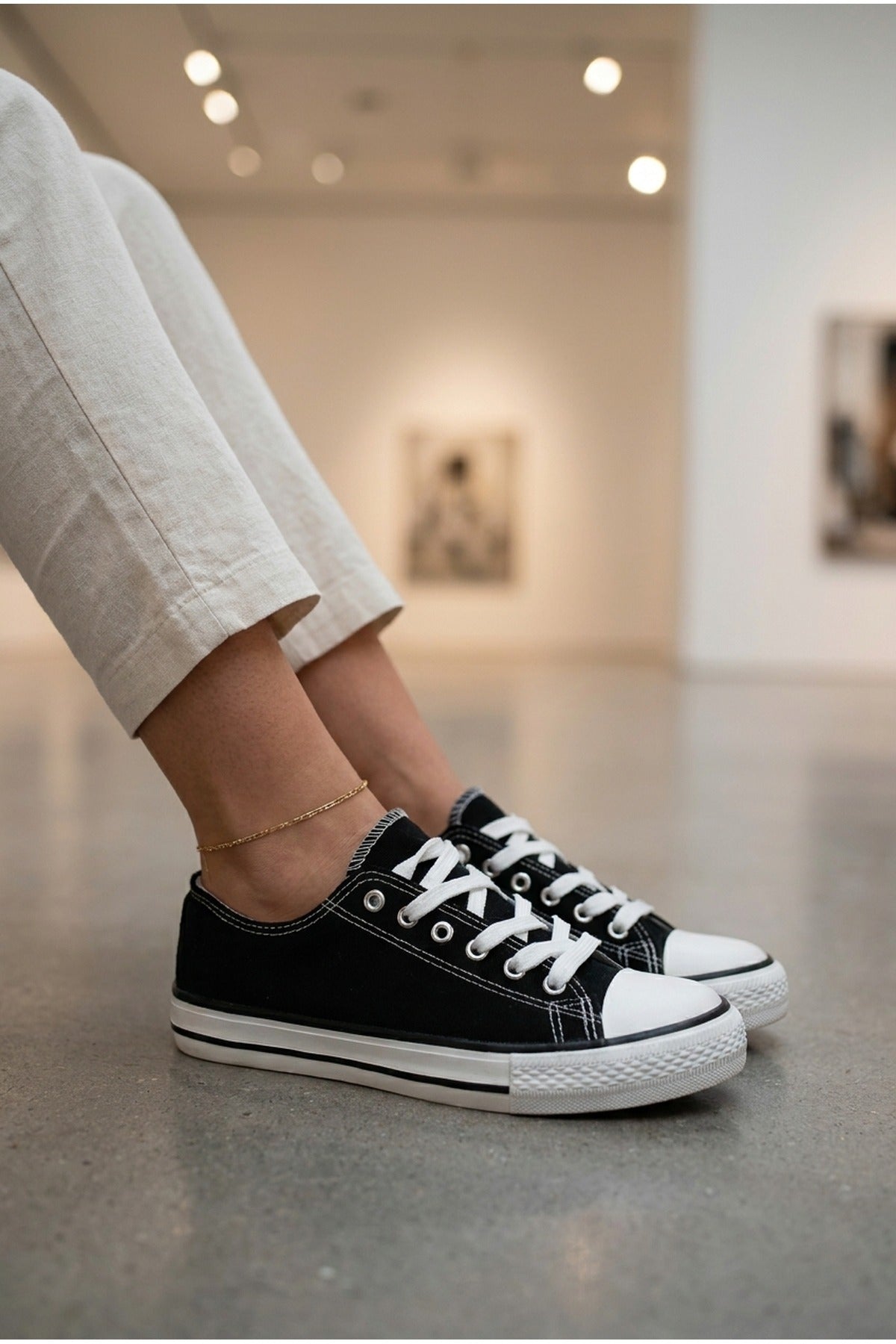 Black Pearl Canvas Lace Up Low Trainers, Image 5 of 5
