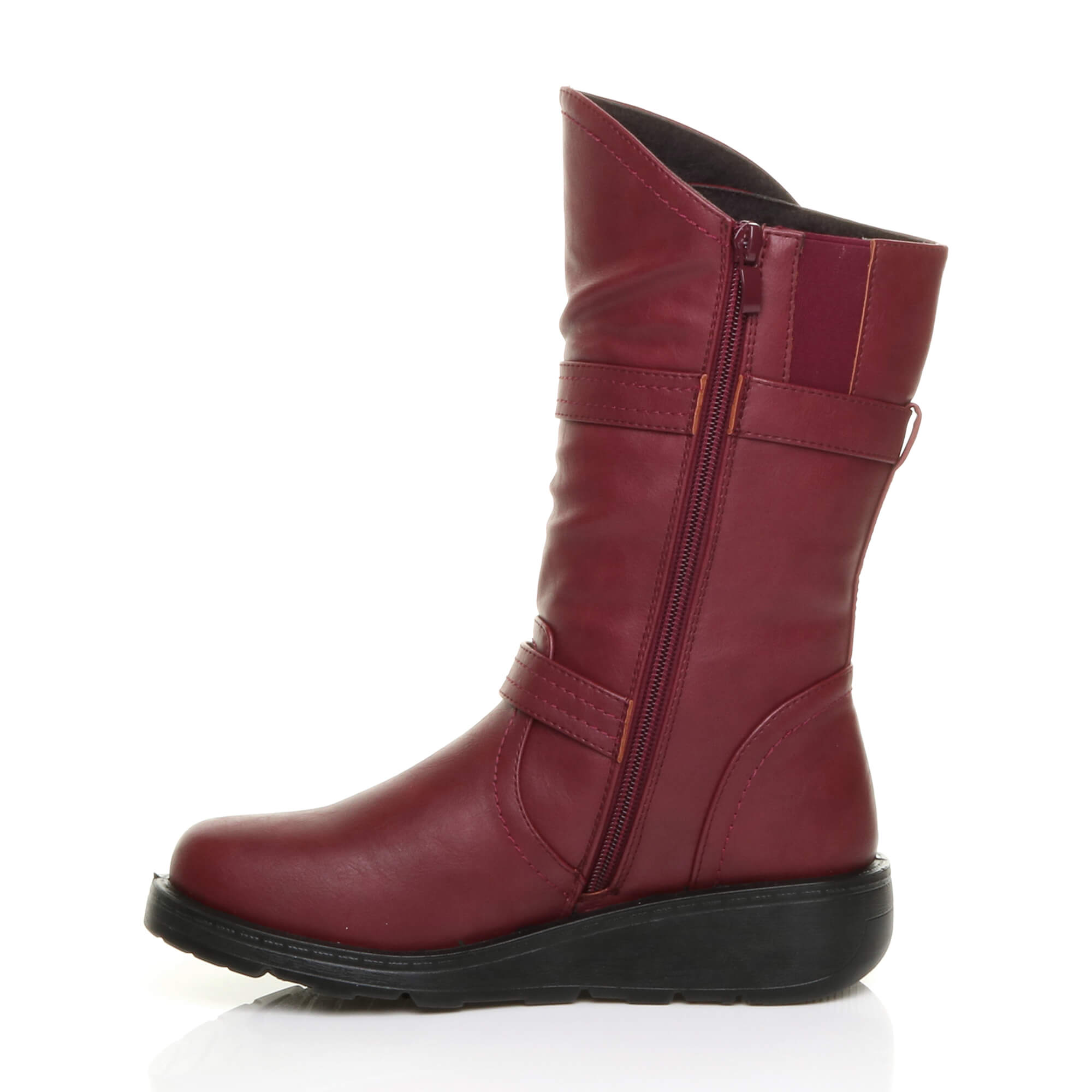 Burgundy AJVANI Burgundy Low Wedge Heel Comfort Calf Biker Boots, Image 3 of 6