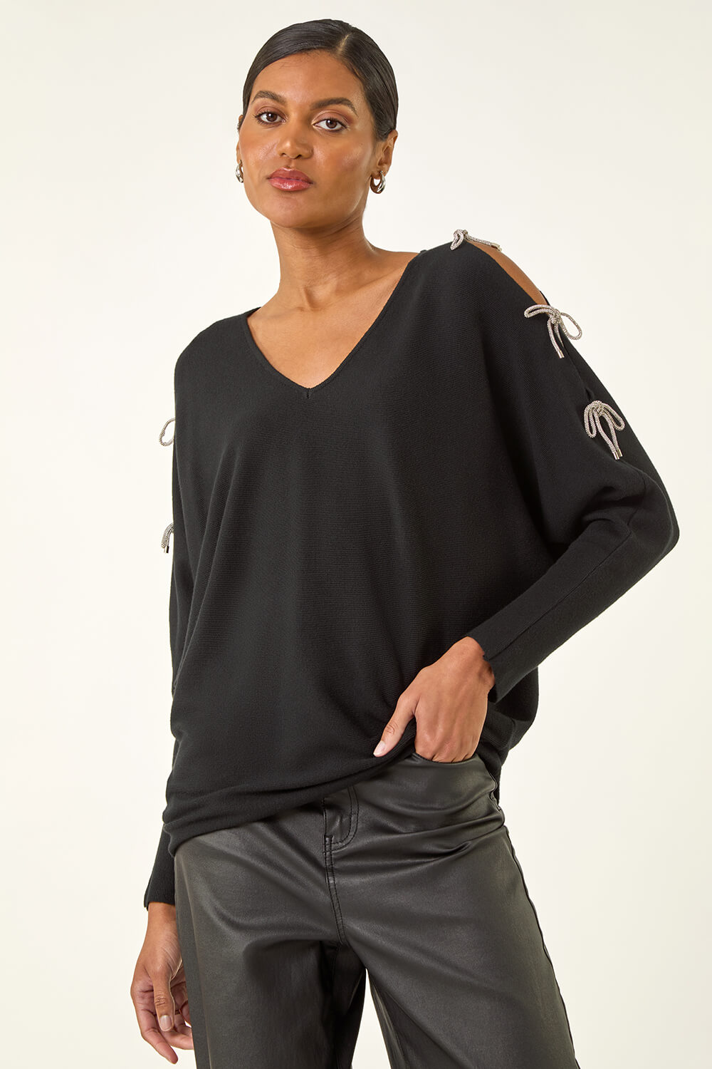 Black Bow Sleeve V-Neck Knit Jumper, Image 5 of 5
