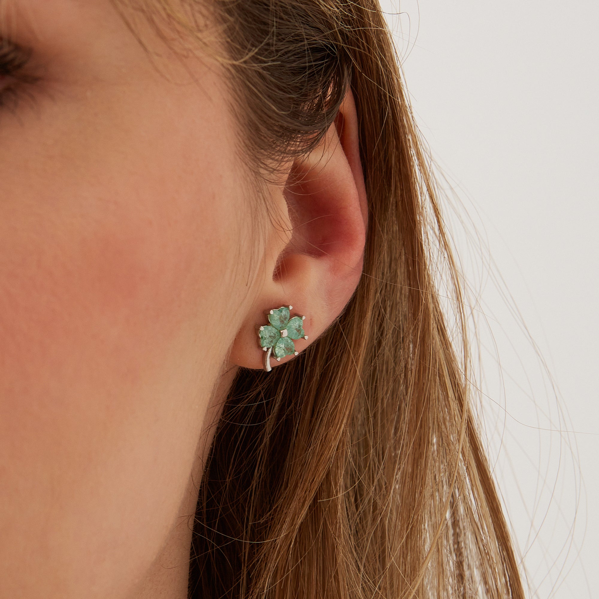 Green Four Leaf Clover Sterling Silver Stud Earrings, Image 3 of 4