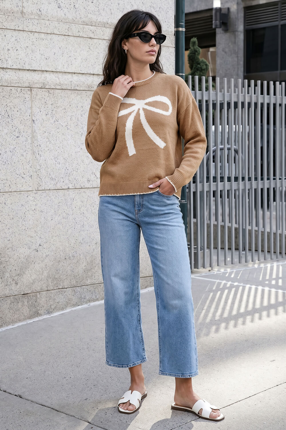Camel Contrast Stitch Bow Knit Jumper, Image 3 of 4