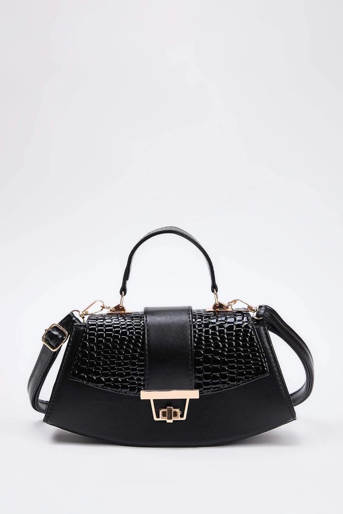 Black Women's Faux Suede Panel Mini Grab Bag with Push Lock Closure, Image 1 of 3