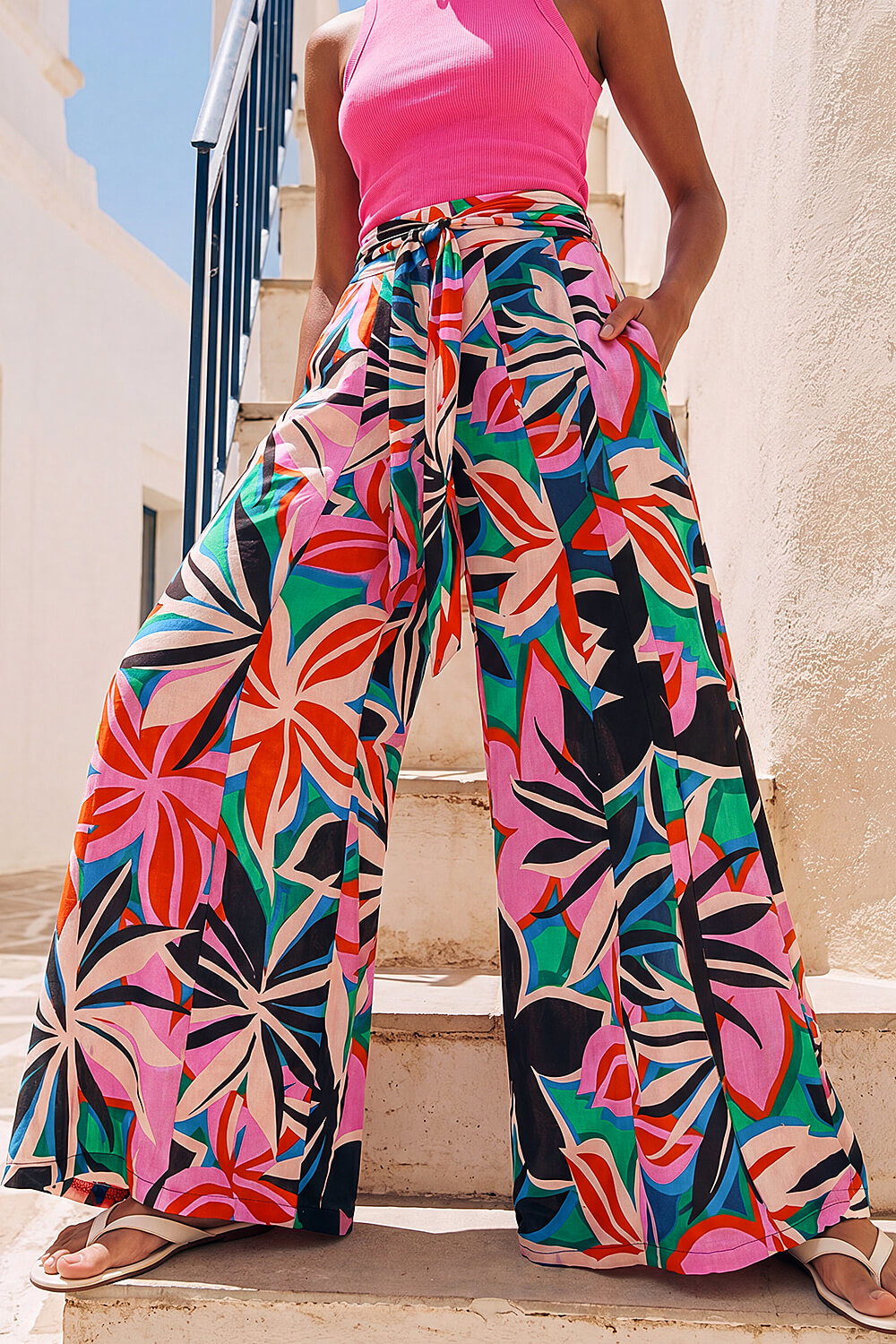 Pink Abstract Print Pocket Palazzo Trouser , Image 3 of 4