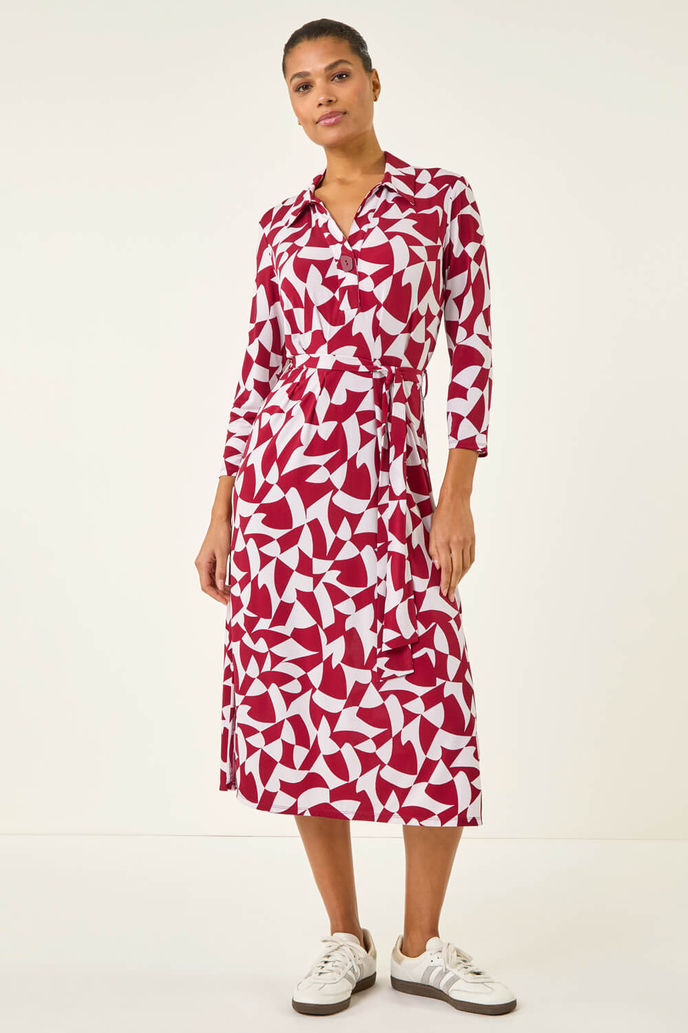 Red Abstract Geometric Shirt Dress, Image 3 of 5