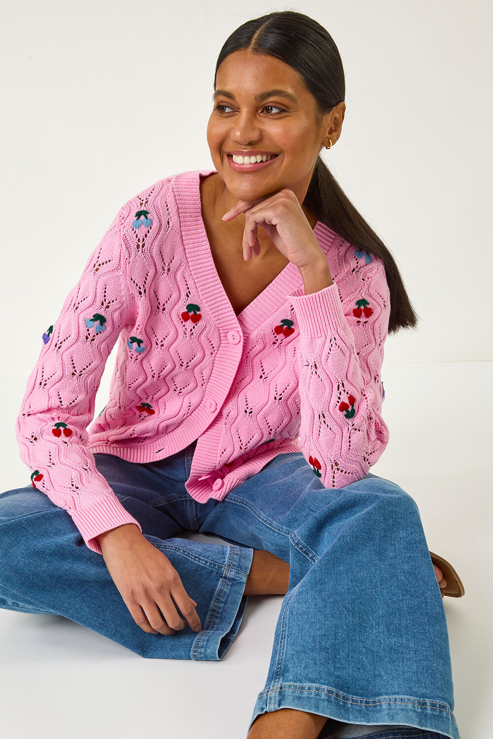 Pink Embroidered Cherry V-Neck Knit Cardigan | Roman UK