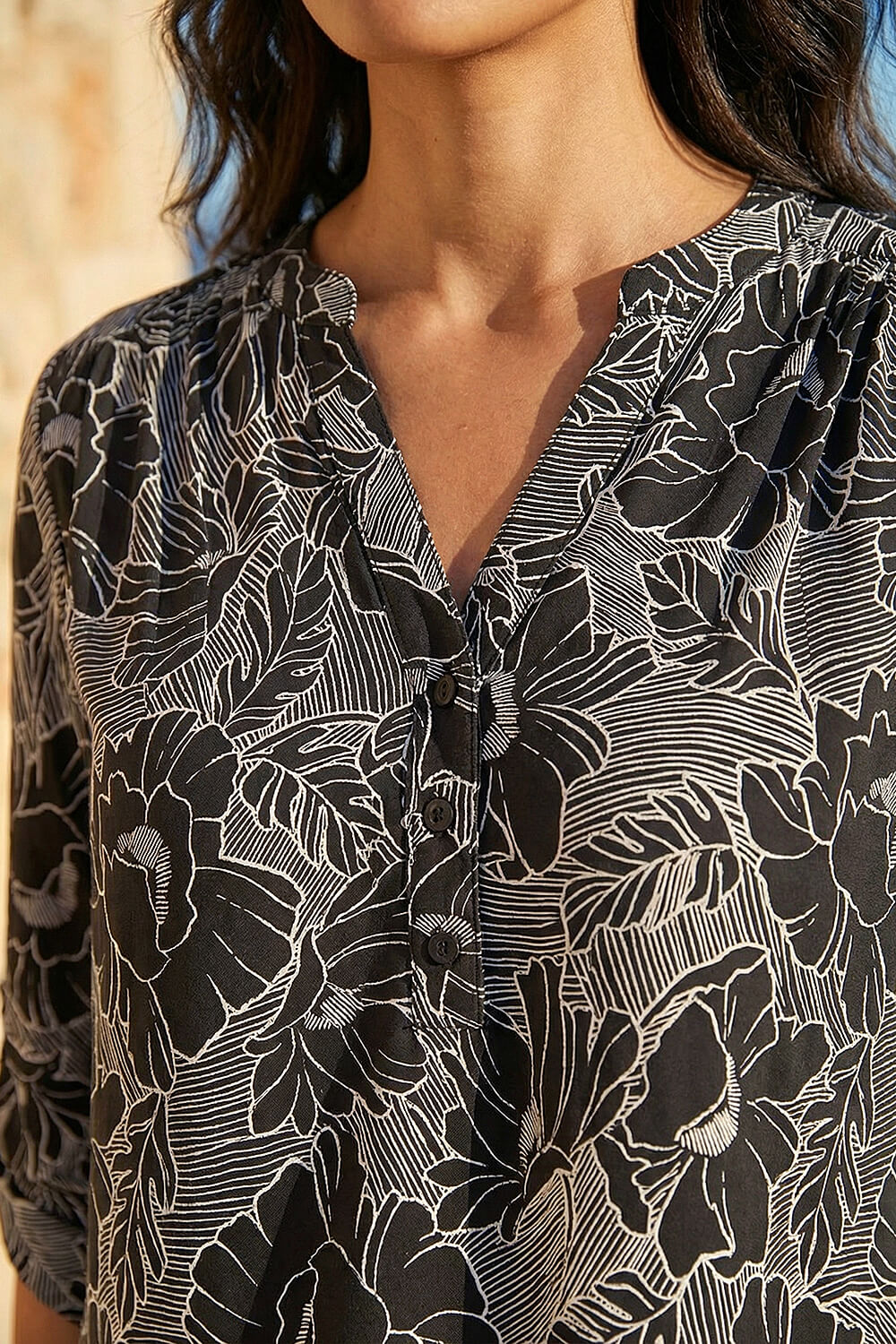 Black Puff Print Notch Neck Shirt, Image 5 of 4