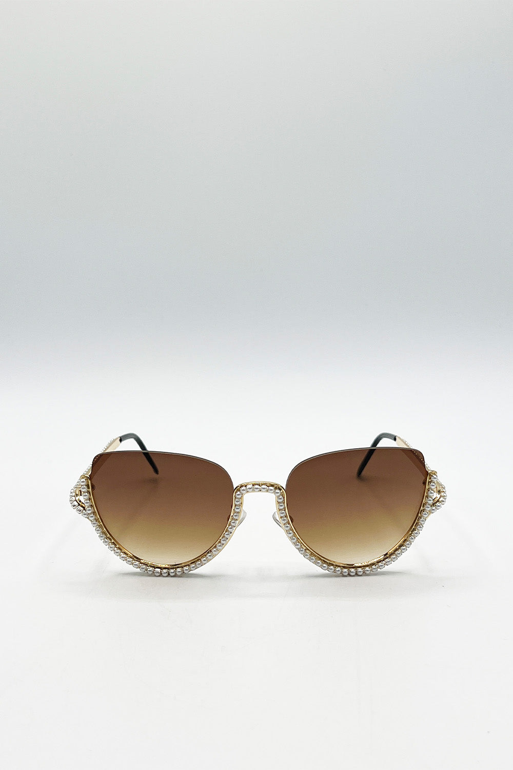 Gold Upper Rimless Pearl Sunglasses in Gold Brown, Image 2 of 6