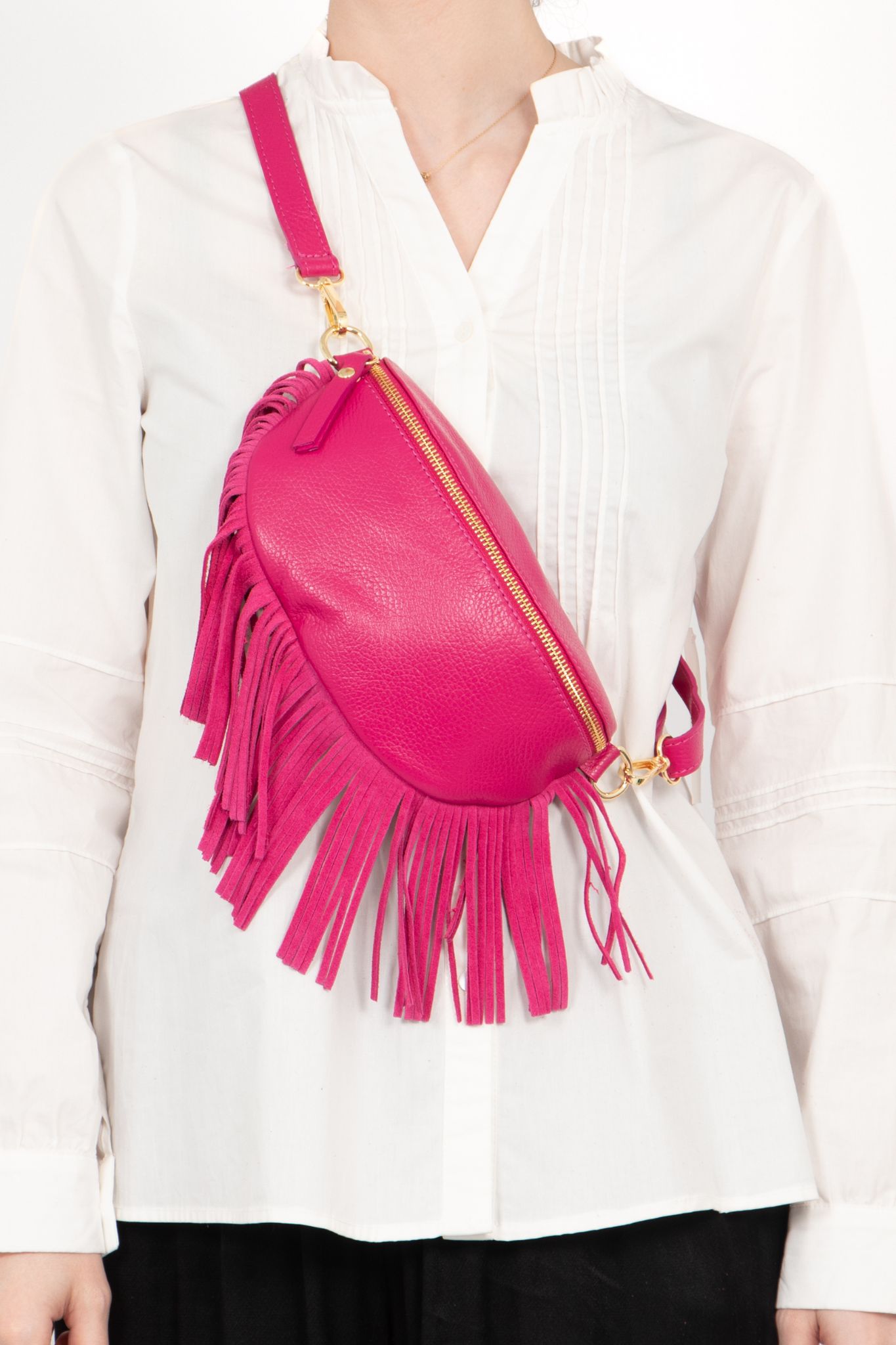 Pink Fringed Half Moon Leather Crossbody Bag, Image 2 of 2