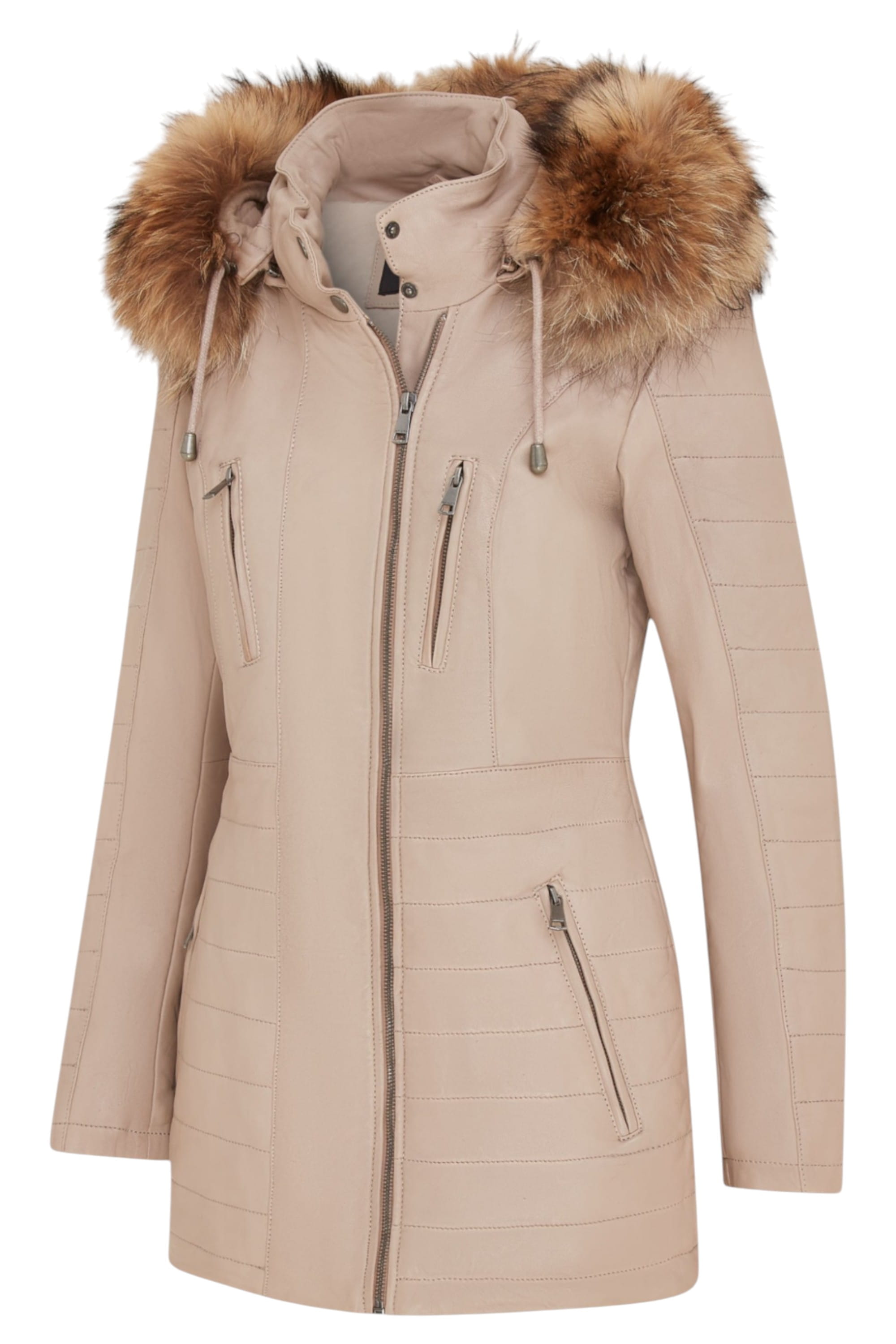 Beige Quilted Leather Parka Jacket-Bowen, Image 4 of 6