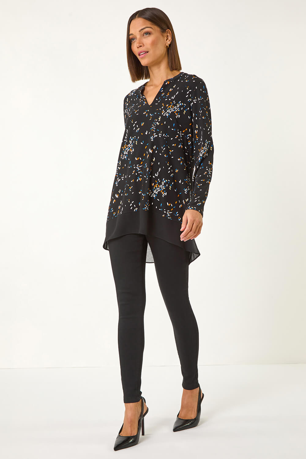 Black Abstract Print V-Neck Tunic Top, Image 1 of 5