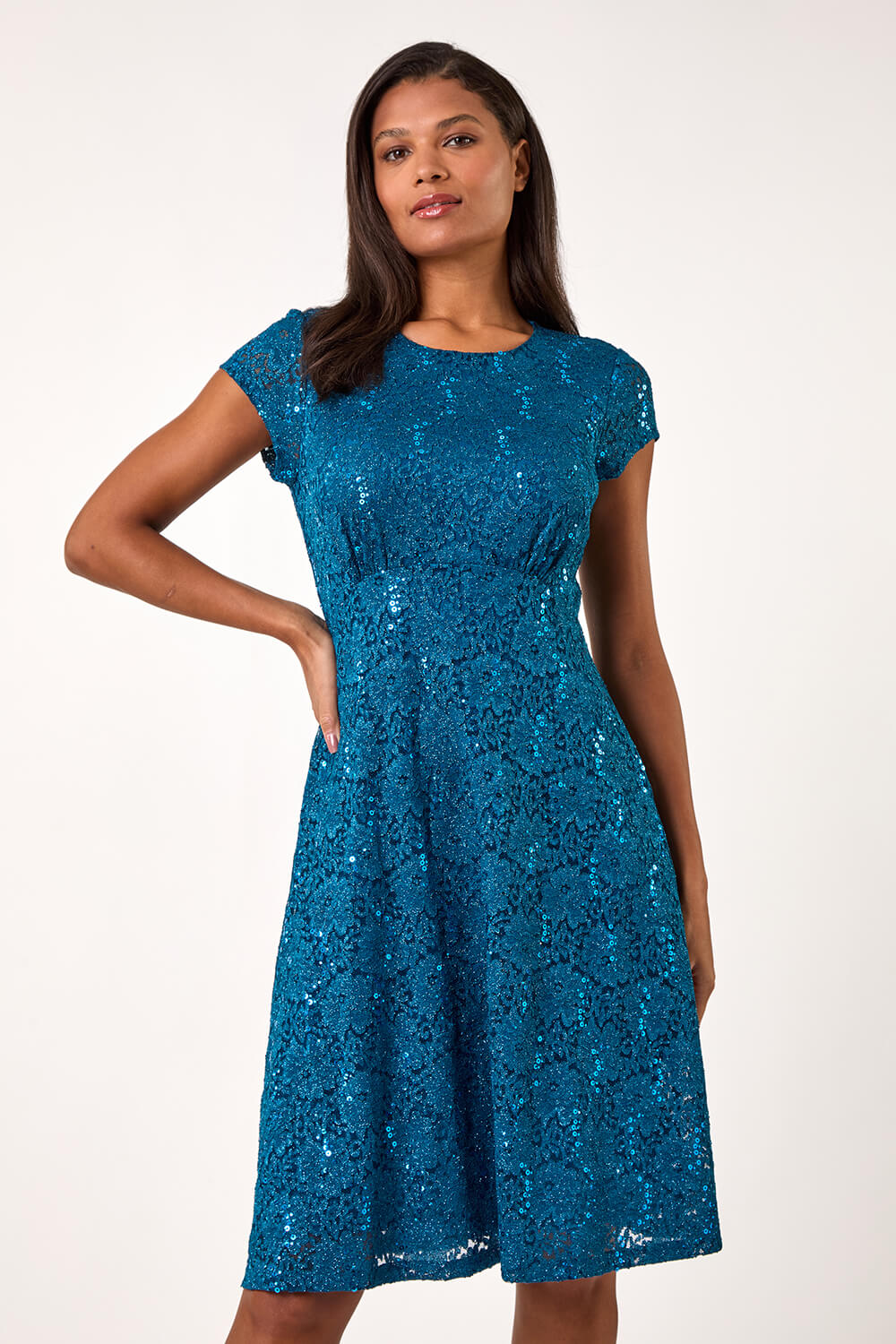 Teal Sequin Fluted Hem Lace Stretch Dress, Image 1 of 5