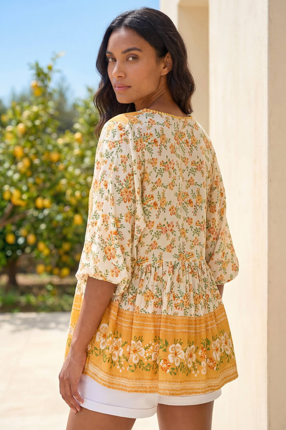 Yellow Floral Border Print V-Neck Overshirt, Image 4 of 4