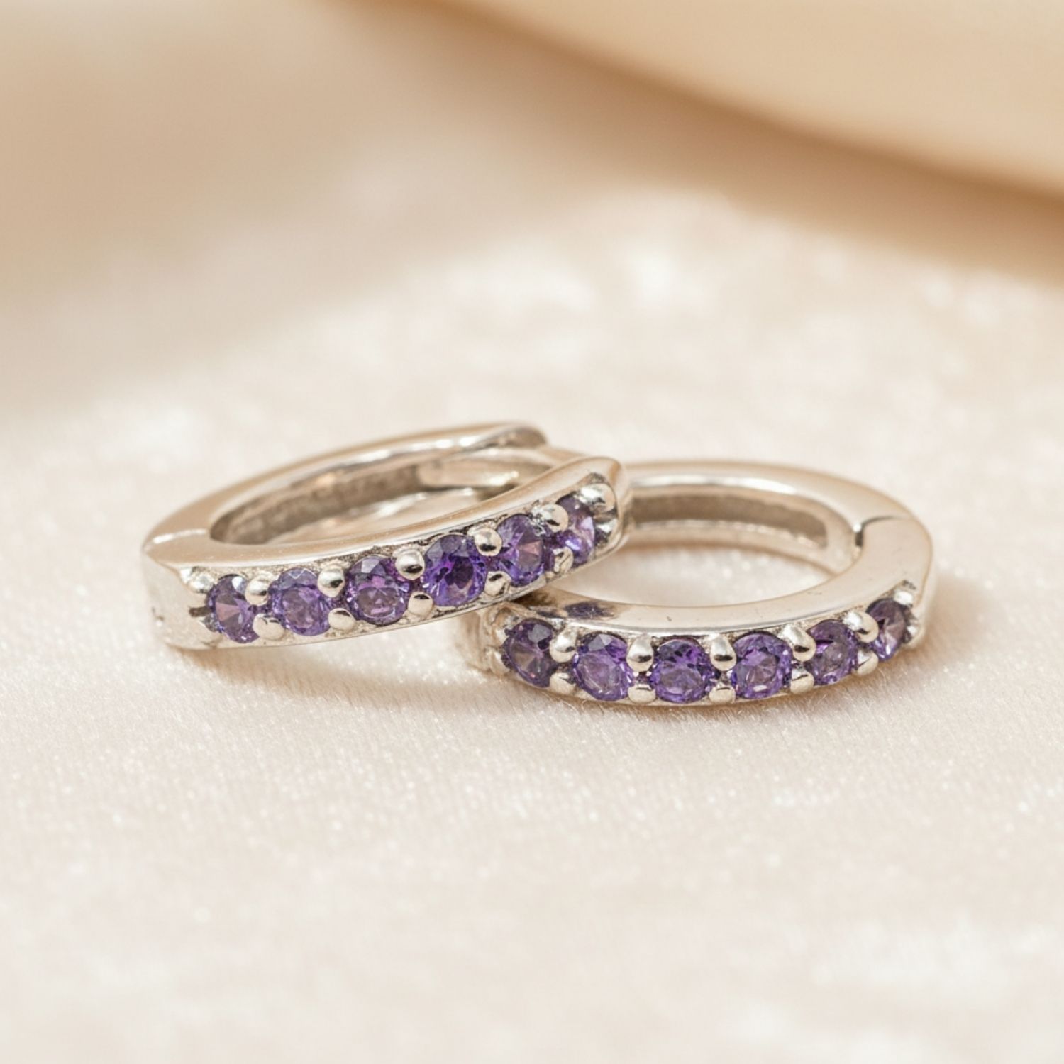 Purple Amethyst February Birthstone Small Silver Huggie Hoops