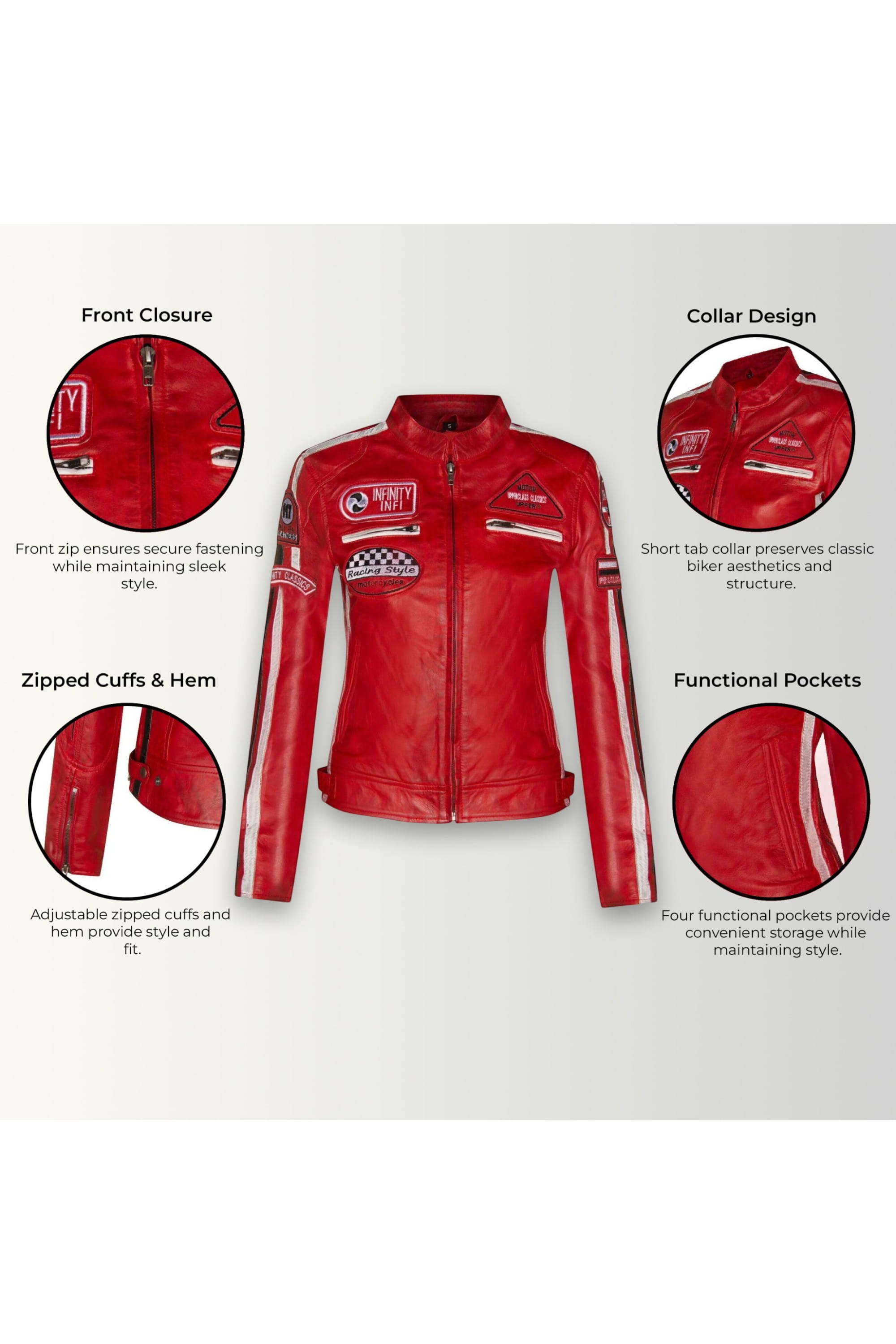 Red Leather Biker Racing Badges Jacket-Dalby, Image 3 of 6