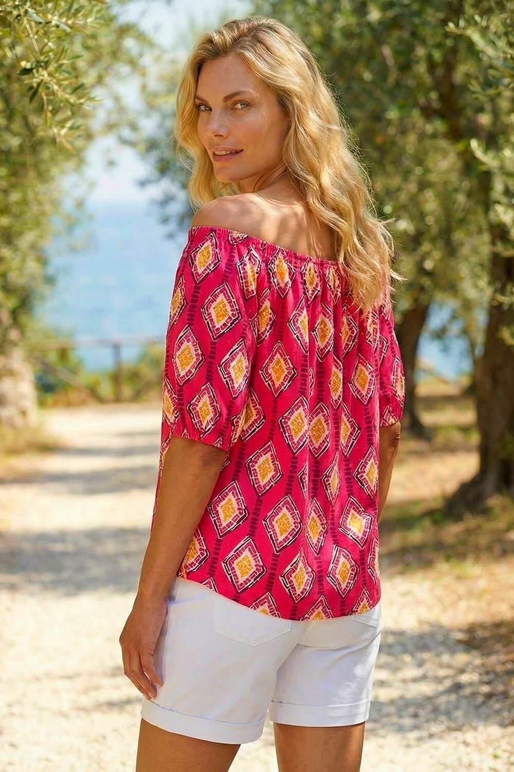 Pink Printed Bardot Tie Front Stretch Top, Image 4 of 4