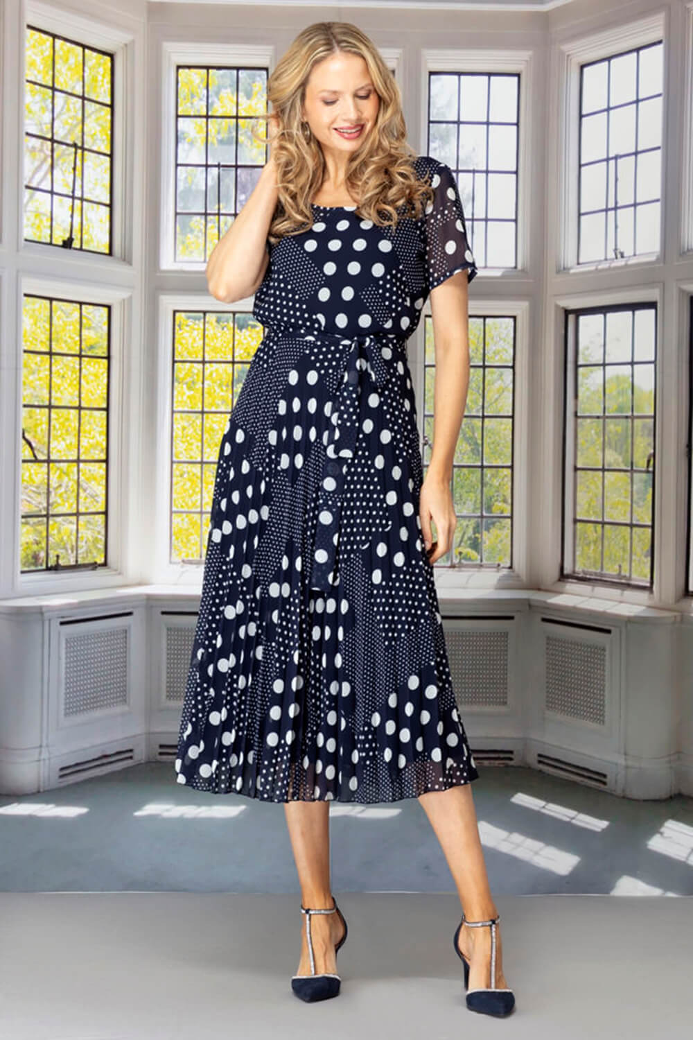 Navy  Julianna Patchwork Pleated Chiffon Dress, Image 3 of 4