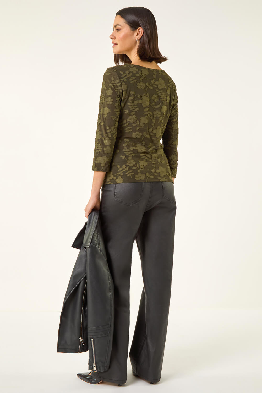 Khaki Cowl Neck Jacquard Stretch Top, Image 4 of 5